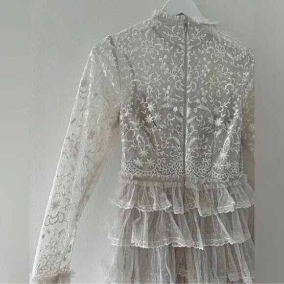 Mac Duggal 8003 Size 8 Embroidered Long Sleeve Ruffled Tiered Pearl White Dress - Picture 10 of 11